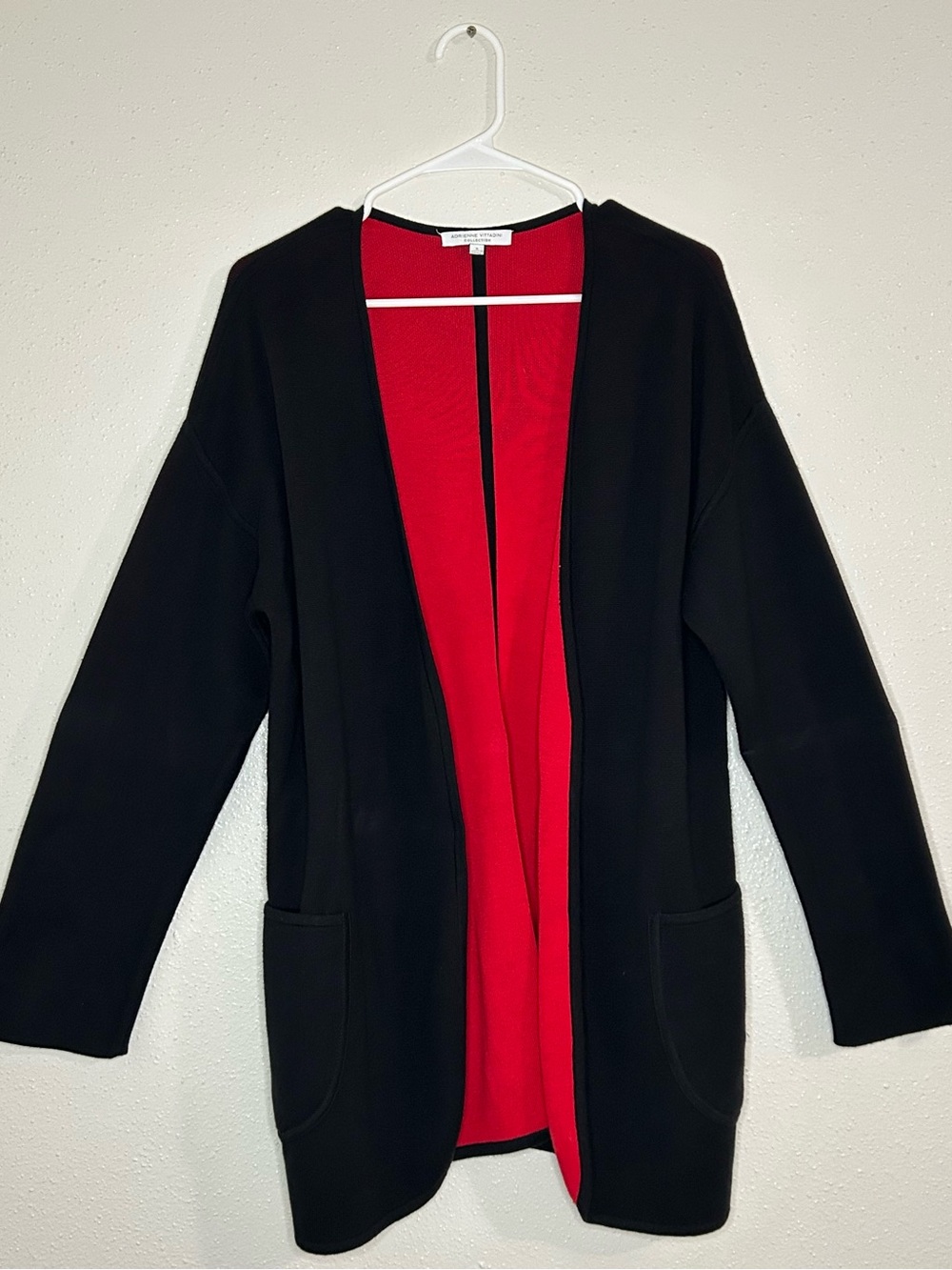 Adrienne Vittadini Black Jacket with Red Lining Open-Front Cardigan